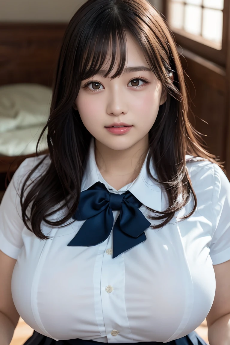 (Best quality,masterpiece,ultra detailed,8K,RAW photo,realistic,high resolution:1.2),(Pretty Japanese girl),(Super huge tits:1.4),(light brown hair),(school uniform,white collared shirt,pleated skirt:1.4),(voluptuous:1.4),(shoulder length),(light smile),(chubby:1.4)