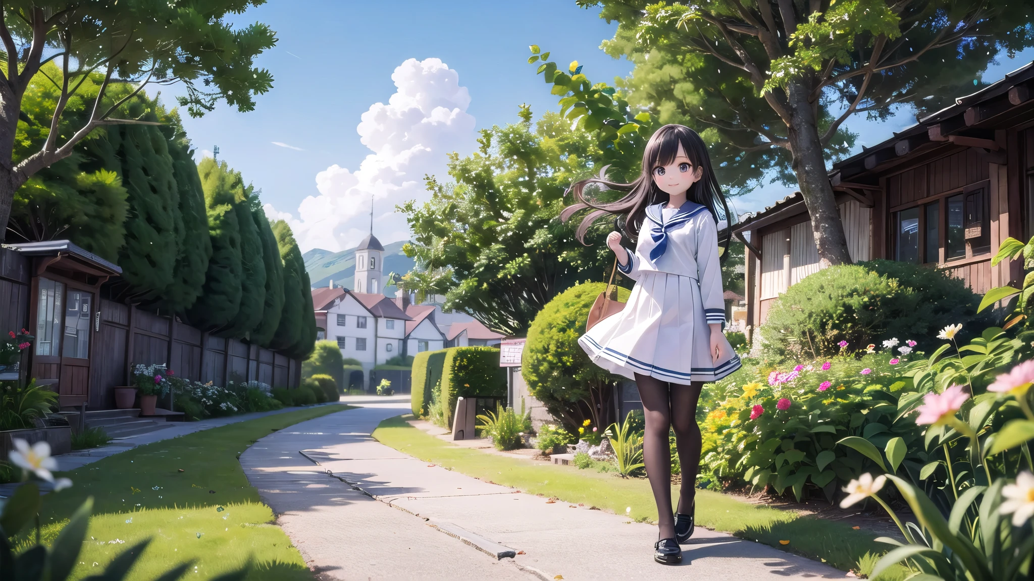 (masterpiece), town, blue sky, One Girl, smile, alone, Sailor suit、Long skirt, Overgrown, petal, plant、Skirt lining、Translucent slip、nostalgic、Black Pantyhose