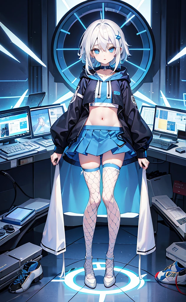 ,White hair,Blue Eyes,hoodie,Blue skirt for lower body,Fishnet stockings,Technology,flat chest。