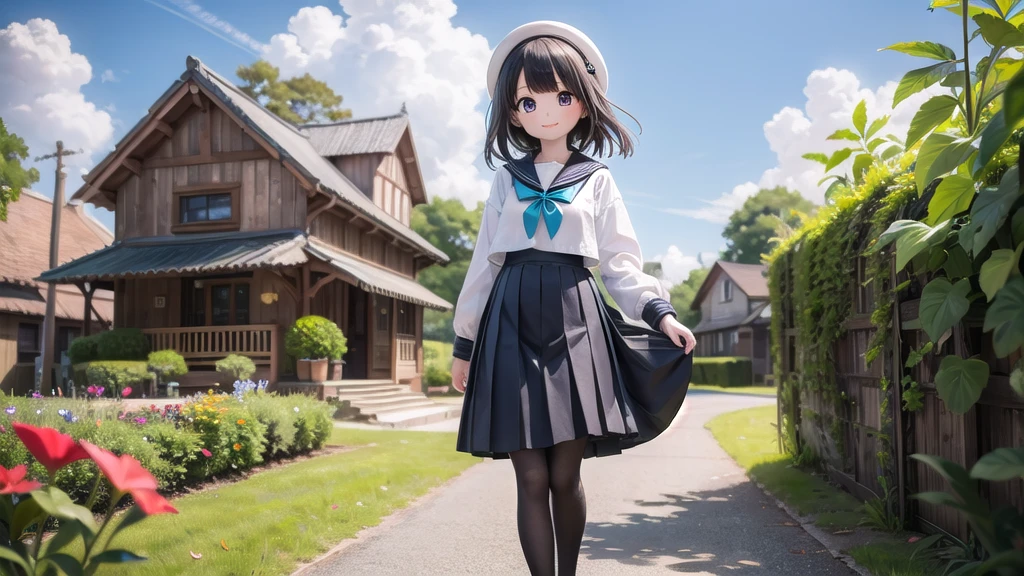 (masterpiece), town, blue sky, One Girl, smile, alone, Sailor suit、Long skirt, Overgrown, petal, plant、Skirt lining、Translucent slip、nostalgic、Black Pantyhose