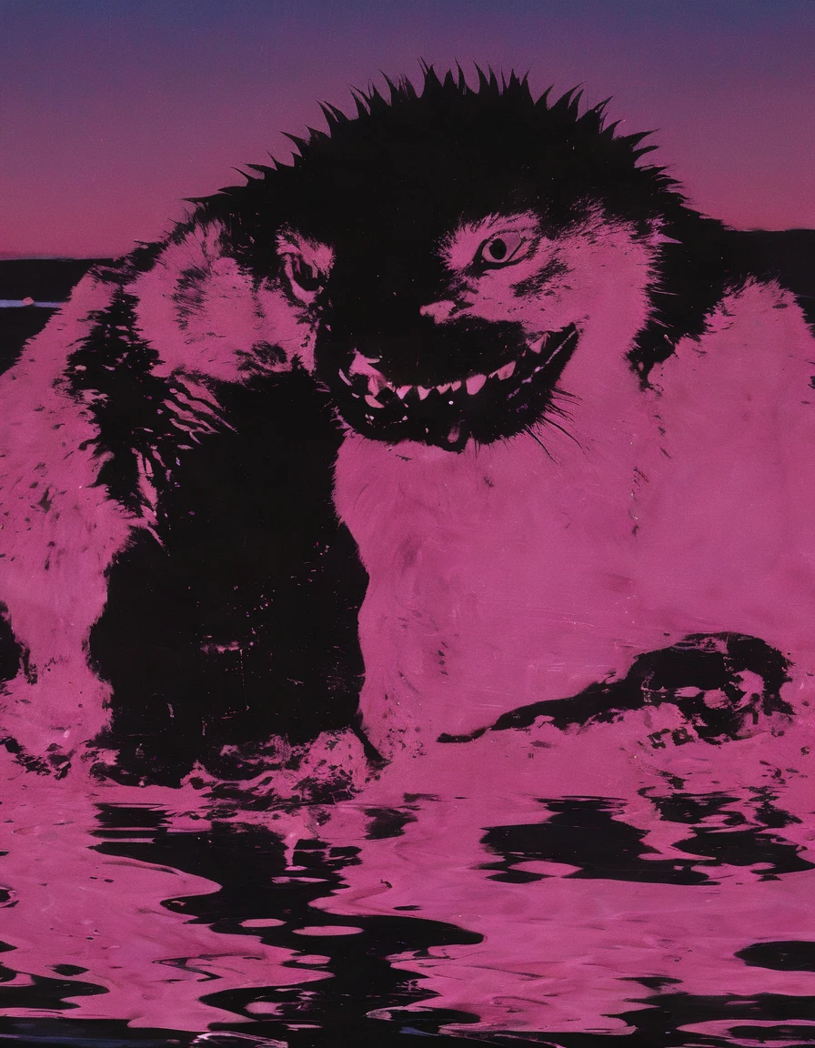 bart simpson  in black water, pink sunset background