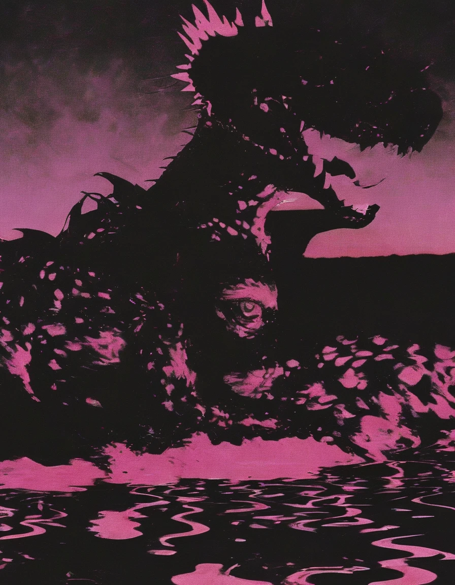 bart simpson in black water, pink sunset background