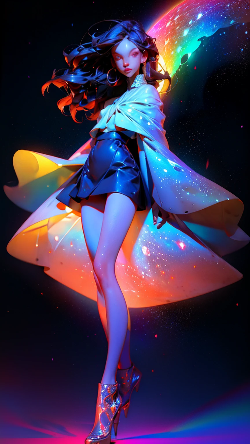 An ultra-realistic and ultra-detailed (Legendary Multicolored Psychedelic Masterpiece), ((HOLDING A GORGEOUS COLORFUL RAINBOWLUMINESCENT GALAXY IN HER HANDS)), ((full body portrait)), (Dynamic Angle), best quality, (Angled View), 1girl, She is a Gorgeous Magical Alchemist, a very noble Caucasian lady, ringed silver eyes, Calm, half closed eyes, thin body, slim waist, small breasts, (bare legs), Awesome Black Hair, a confident smile, ((HOLDING A GORGEOUS COLORFUL RAINBOWLUMINESCENT GALAXY IN HER HANDS)), Celestial Star Map, highly detailed expensive wizard's skirt, beautiful, dramatic, backlighting, night, midnight, (Multitude Of Stars), beautiful fantastic night view, (ultra-detailed, finely detailed beautiful eyes and face), high resolution, 8k UHD, perfect anatomy, perfect fingers, Highly detailed scenery, Highly detailed background, perspective, depth of field, atmospheric