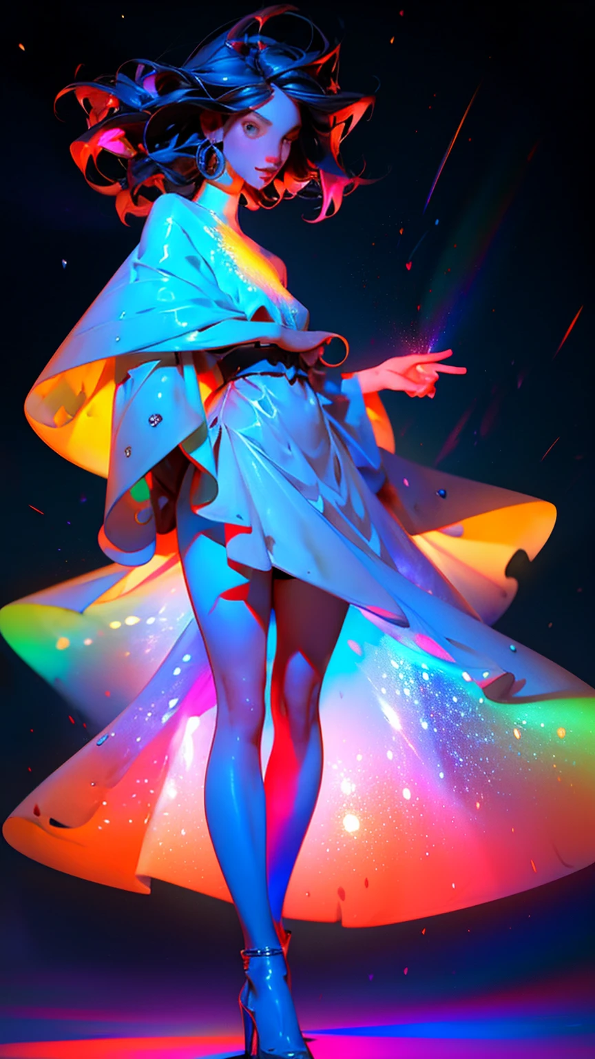 An ultra-realistic and ultra-detailed (Legendary Multicolored Psychedelic Masterpiece), ((HOLDING A GORGEOUS COLORFUL RAINBOWLUMINESCENT GALAXY IN HER HANDS)), ((full body portrait)), (Dynamic Angle), best quality, (Angled View), 1girl, She is a Gorgeous Magical Alchemist, a very noble Caucasian lady, ringed silver eyes, Calm, half closed eyes, thin body, slim waist, small breasts, (bare legs), Awesome Black Hair, a confident smile, ((HOLDING A GORGEOUS COLORFUL RAINBOWLUMINESCENT GALAXY IN HER HANDS)), Celestial Star Map, highly detailed expensive wizard's skirt, beautiful, dramatic, backlighting, night, midnight, (Multitude Of Stars), beautiful fantastic night view, (ultra-detailed, finely detailed beautiful eyes and face), high resolution, 8k UHD, perfect anatomy, perfect fingers, Highly detailed scenery, Highly detailed background, perspective, depth of field, atmospheric