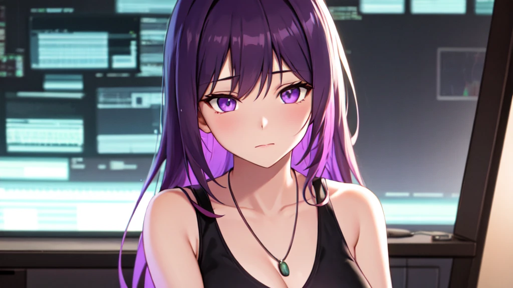 A dramatic and detailed anime-style illustration of a mature-looking girl programming at night. The girl has long purple hair and purple eyes, a white tank top with a necklace. She is surrounded by programming equipment. The background is filled with blurred programming equipment and soft glowing lights, creating a cozy yet focused atmosphere. The lighting is a mix of cool and warm tones, adding to the dramatic effect. The camera angle is a close-up, focusing on the girl's face and upper body, emphasizing her shy and focused expression.