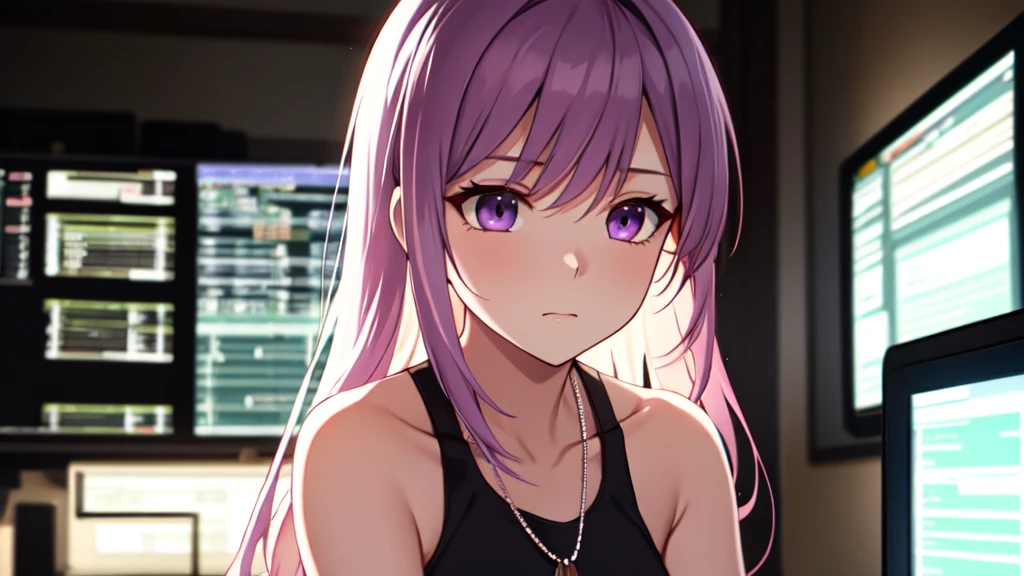 A dramatic and detailed anime-style illustration of a mature-looking girl programming at night. The girl has long purple hair and purple eyes, a white tank top with a necklace. She is surrounded by programming equipment. The background is filled with blurred programming equipment and soft glowing lights, creating a cozy yet focused atmosphere. The lighting is a mix of cool and warm tones, adding to the dramatic effect. The camera angle is a close-up, focusing on the girl's face and upper body, emphasizing her shy and focused expression.