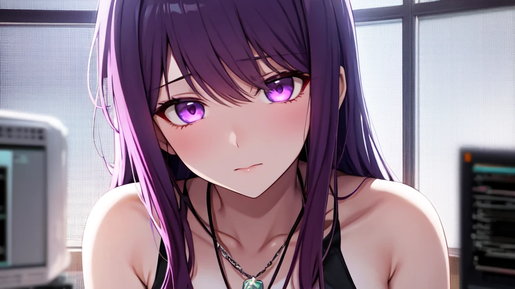 A dramatic and detailed anime-style illustration of a mature-looking girl programming at night. The girl has long purple hair and purple eyes, a white tank top with a necklace. She is surrounded by programming equipment. The background is filled with blurred programming equipment and soft glowing lights, creating a cozy yet focused atmosphere. The lighting is a mix of cool and warm tones, adding to the dramatic effect. The camera angle is a close-up, focusing on the girl's face and upper body, emphasizing her shy and focused expression.