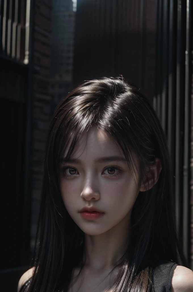 1girl, (looking at viewer:1.2), detail face,  (a girl standing, rending on cgsociety, black shadows, streaming, new york backdrop), romanticism, atmospheric, (RAW photo, best quality), (realistic, photo-realistic:1.3), masterpiece, an extremely delicate and beautiful, extremely detailed,