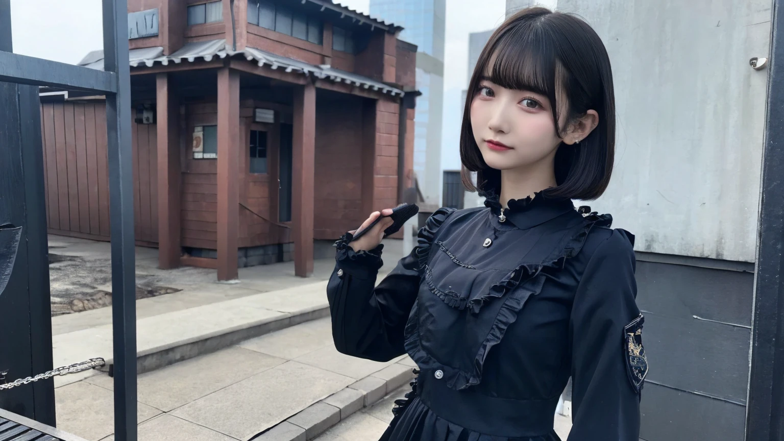 18-year-old、Ultra HD、Ultra-high resolution、Realistic、Sweaty skin、Bob Hair Frilled shirt、Bob Hair、suit、ビジネスsuit、recruit-suit、Ruffled Gothic Dress