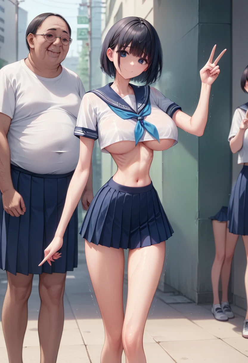 (masterpiece, best quality:1.2), front shot, beautiful 1girl, (super big breasts, micro waist, very long legs:1.3), Black hair, short bob hair, short height, scrawny and thin body, Light Skin, cute big eyes, cute beautiful thin face, forced smile, Arched back, serafuku, mini skirt, pigeon-toed, wet and sweaty, visible ribs, Long and thin navel, V sign, Trembling, ugly woman next to her