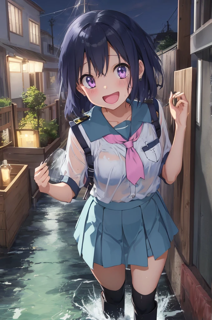 :D、School Anime Girl、青いskirt、Gray Hair、Pink Boots、City of night、In uniform、Open uniform、Wet clothes、skirt、Visible through clothing、bra,Camel Toe、自分でskirtリフト、See-through panties,Small breasts、(Browsing Caution:1.2),Water Drop、Sparkling Water飛沫、Clean air、Splashing Water、Sparkling Water, distress