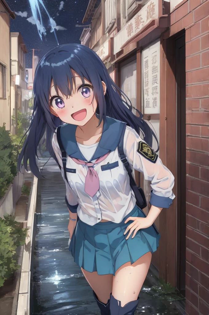 :D、School Anime Girl、青いskirt、Gray Hair、Pink Boots、City of night、In uniform、Open uniform、Wet clothes、skirt、Visible through clothing、bra,Camel Toe、自分でskirtリフト、See-through panties,Small breasts、(Browsing Caution:1.2),Water Drop、Sparkling Water飛沫、Clean air、Splashing Water、Sparkling Water, distress