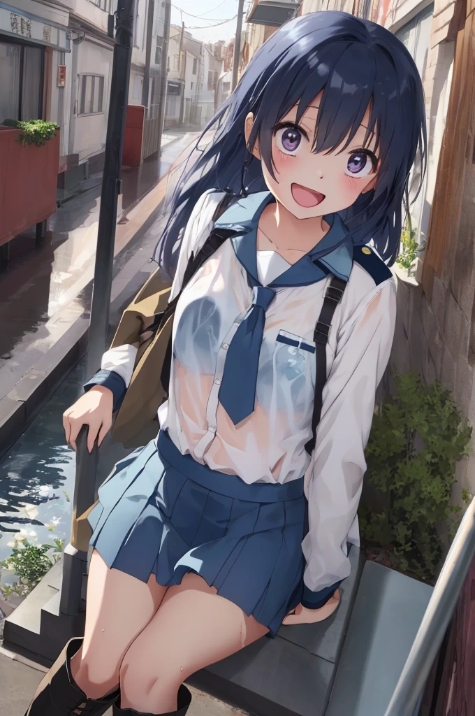 :D、School Anime Girl、青いskirt、Gray Hair、Pink Boots、City of night、In uniform、Open uniform、Wet clothes、skirt、Visible through clothing、bra,Camel Toe、自分でskirtリフト、See-through panties,Small breasts、(Browsing Caution:1.2),Water Drop、Sparkling Water飛沫、Clean air、Splashing Water、Sparkling Water, distress