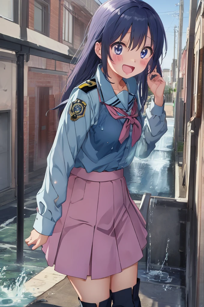 :D、School Anime Girl、青いskirt、Gray Hair、Pink Boots、City of night、In uniform、Open uniform、Wet clothes、skirt、Visible through clothing、bra,Camel Toe、自分でskirtリフト、See-through panties,Small breasts、(Browsing Caution:1.2),Water Drop、Sparkling Water飛沫、Clean air、Splashing Water、Sparkling Water, distress