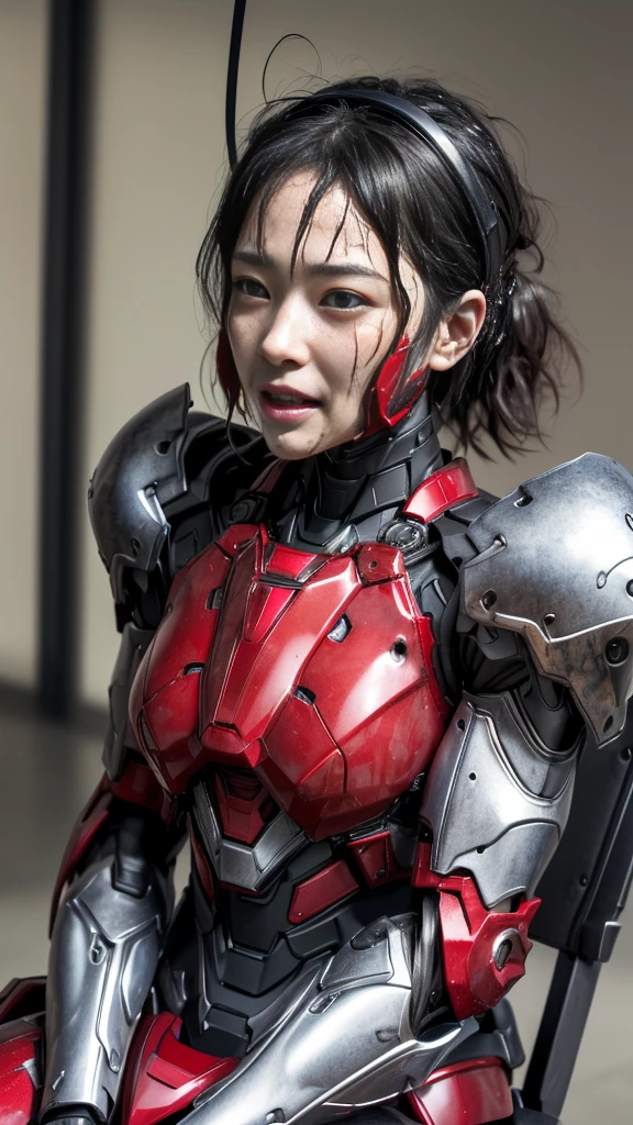 Rough skin, Very detailed, Advanced Details, high quality, 最high quality, High resolution, 1080P 、、Red Armor、Wearing red and black、cute((During a break))(破損したwoman用ロボットスーツを着用...)(Red Armor)(Broken Armor)Black Hair、、Soaking wet、Soaked Face　Put the headgear aside　Beautiful Face、Hot look　knock down、よだれing from the mouth、woman　(Steam coming out of the face) ((Steam from the body)) Sit on a chair　Filming location　I can see the vagina　To be released　look up　Remove head gear