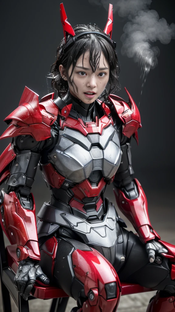 Rough skin, Very detailed, Advanced Details, high quality, 最high quality, High resolution, 1080P 、、Red Armor、Wearing red and black、cute((During a break))(破損したwoman用ロボットスーツを着用...)(Red Armor)(Broken Armor)Black Hair、、Soaking wet、Soaked Face Put the headgear aside Beautiful Face、Hot look knock down、よだれing from the mouth、woman (Steam coming out of the face) ((Steam from the body)) Sit on a chair Filming location I can see the vagina To be released look up Remove head gear