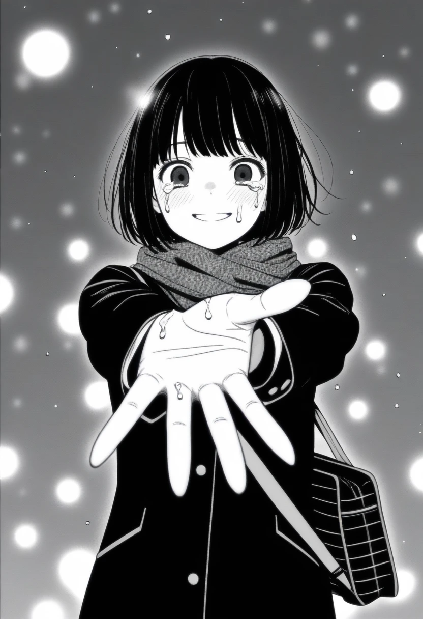 masterpiece, best quality, 1girl, mamerakkkkko, grayscale, manga style, japanese, chi no wadachi, black eyes, street, iced, black hair, schoolbag, smile, lineart, black coat, black scarf, black pleated skirt, leggins, centered, 18 years old, tall, fair skinned, bokeh background, crying, tears, tears streaming, bob cut, light particles, centered, snowing, (((reaching out left hand to viewer, perfect hand, detailed hand:1.1)), emotional anime scene, (very aesthetic, best quality, ultra detailed), intricate details