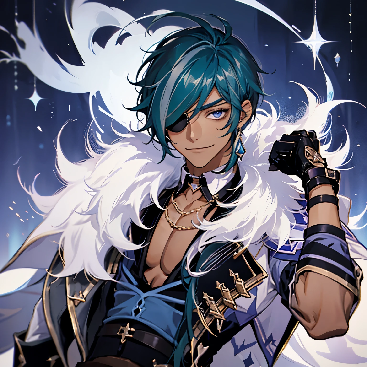 kaeya (genshin impact), 1boy, male focus, eyepatch, dark-skinned male, gloves, solo, jewelry, blue hair, earrings, long hair, blue eyes, single earring, dark skin, bangs, black gloves, smile, fingerless gloves, closed mouth