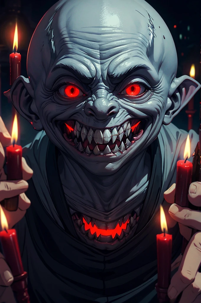 gray little bald monster goblin man, medieval thief clothing, alone, nighttime, iluminated by a candle, evil grin with sharp teeth, red eyes with no pupils.