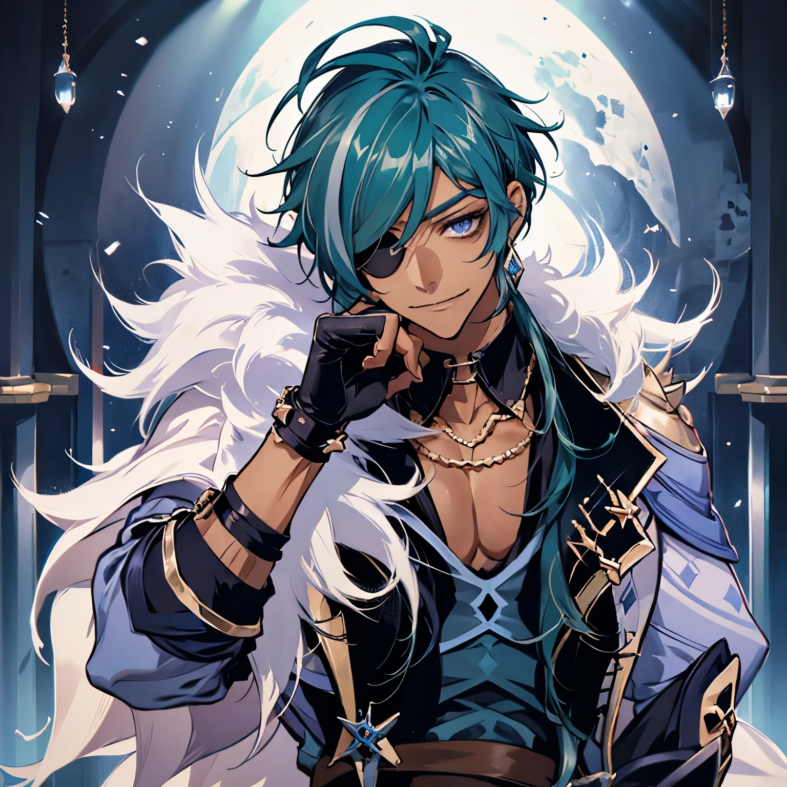 kaeya (genshin impact), 1boy, male focus, eyepatch, dark-skinned male, gloves, solo, jewelry, blue hair, earrings, long hair, blue eyes, single earring, dark skin, bangs, black gloves, smile, fingerless gloves, closed mouth