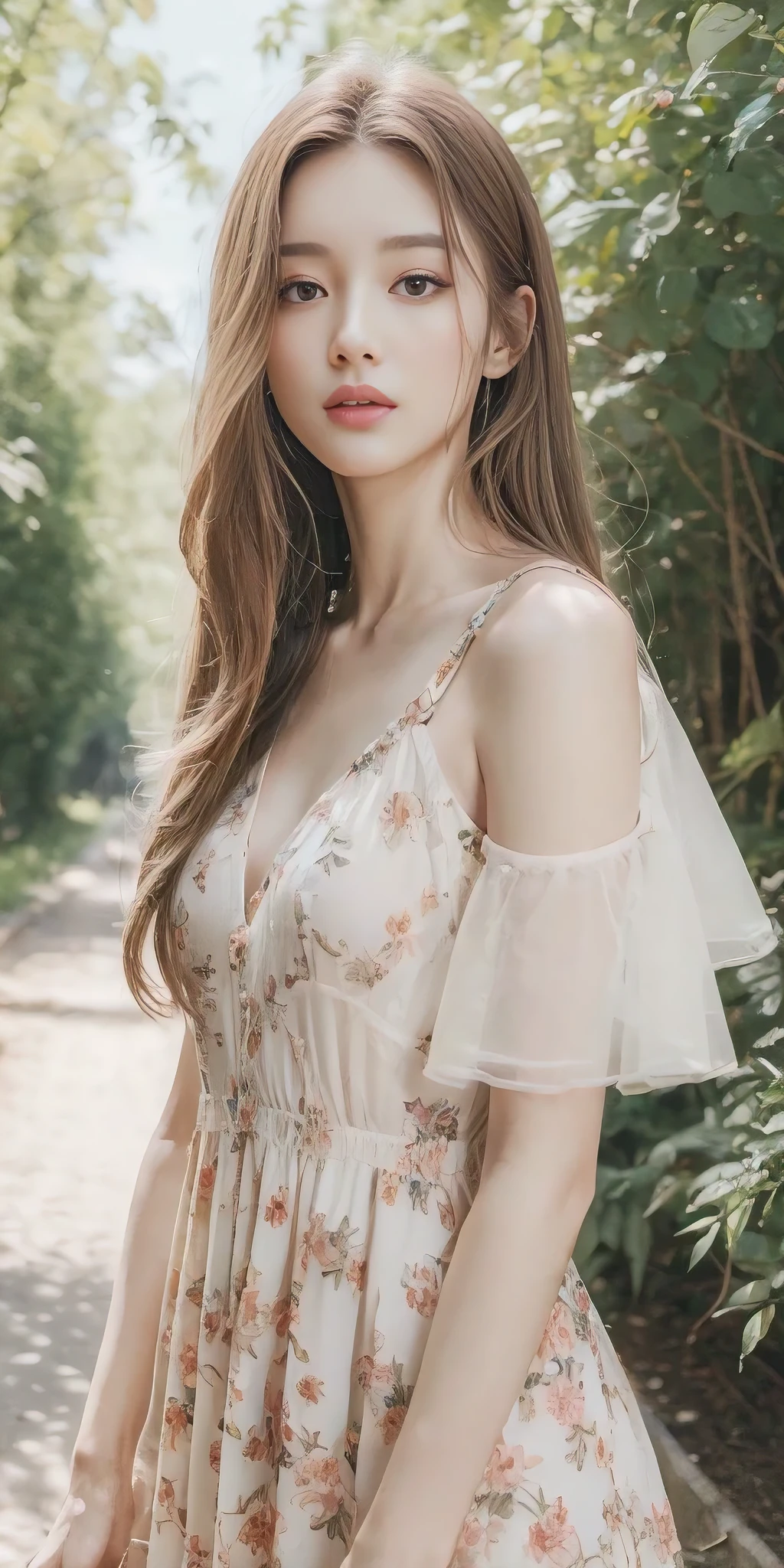 ((Best Quality, 8K, Masterpiece: 1.3)), 1girl, Slender Beauty: 1.3, (Long hair: 1.2), Floral dress, Long legs: 1.1, Super fine face, Fine eyes, Double eyelids, Outdoor