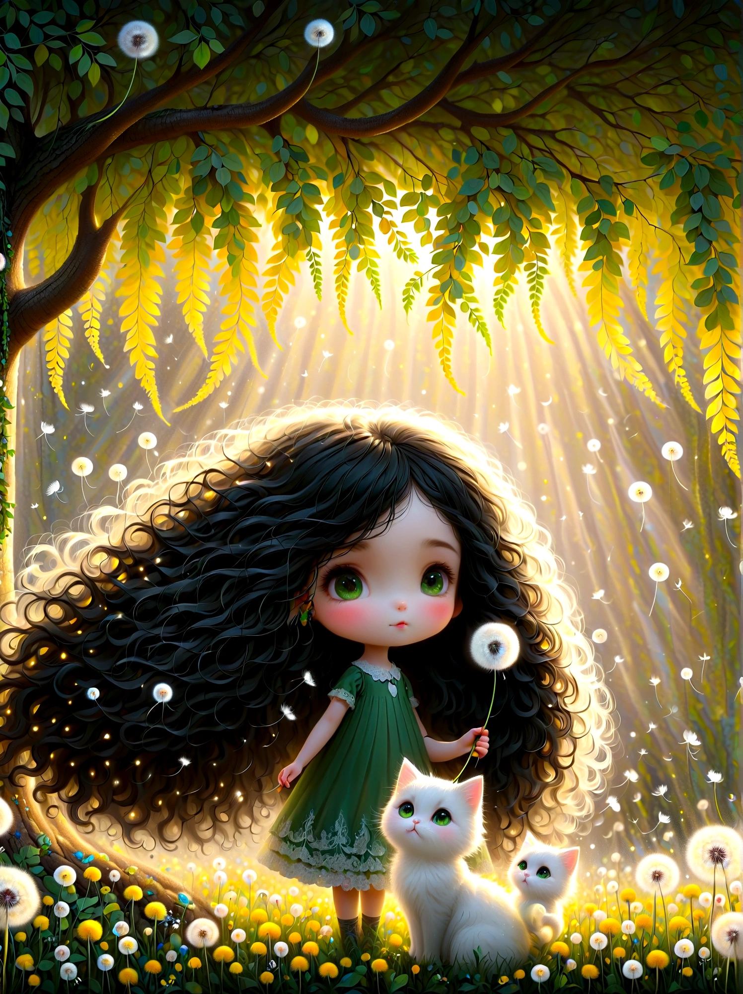 1girl,  cute，Long black curls，A white cat，Soft Light，Dandelions flying down from the tree，The ground is covered with yellow-green leaves，Glowing silver light，Innocence，storybook-like，A gentle depiction of nature，Wear，so beautiful, in the style of Amanda clark, Evgeni gordiets