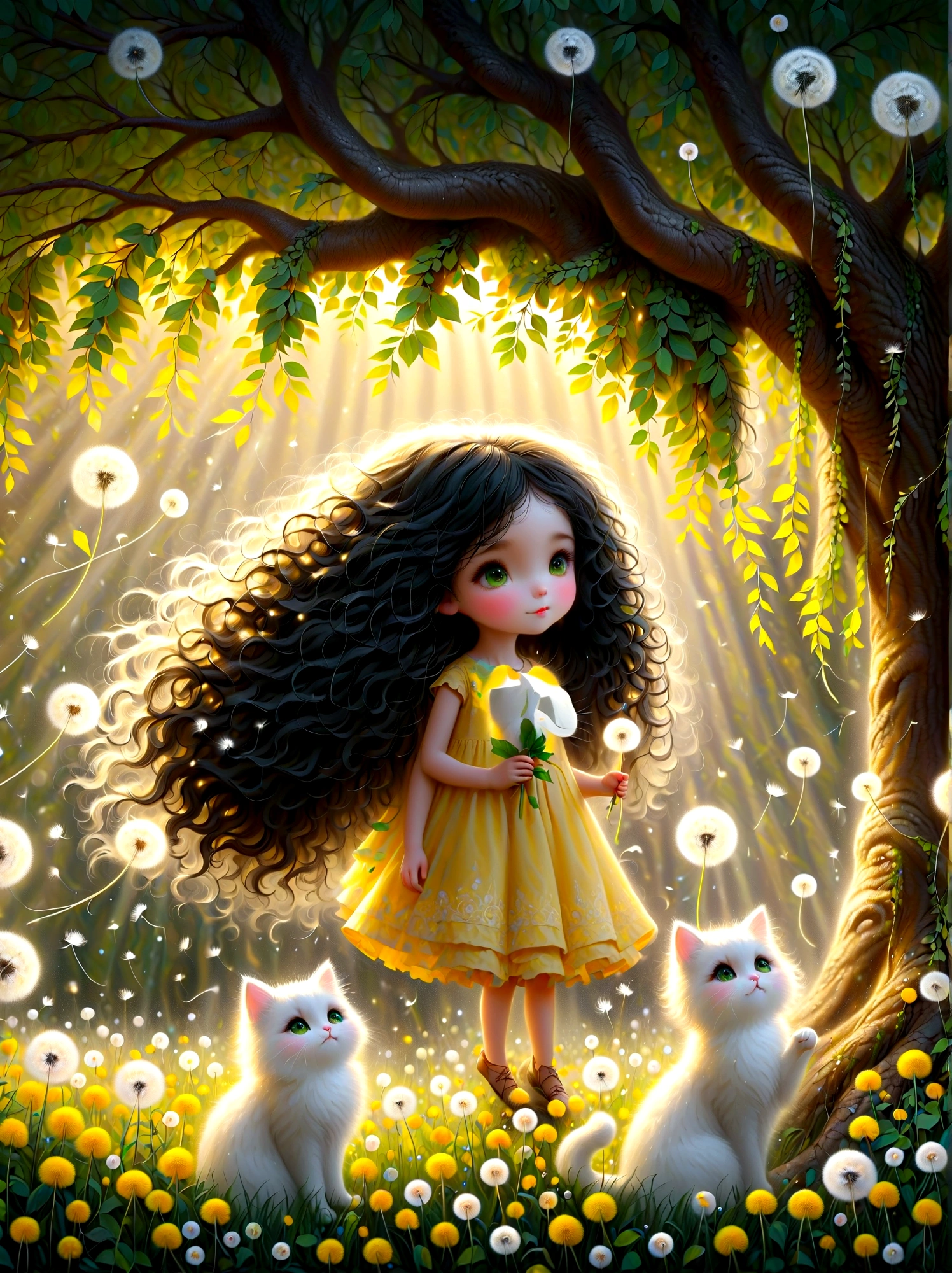 1girl,  cute，Long black curls，A white cat，Soft Light，Dandelions flying down from the tree，The ground is covered with yellow-green leaves，Glowing silver light，Innocence，storybook-like，A gentle depiction of nature，Wear，so beautiful, in the style of Amanda clark, Evgeni gordiets