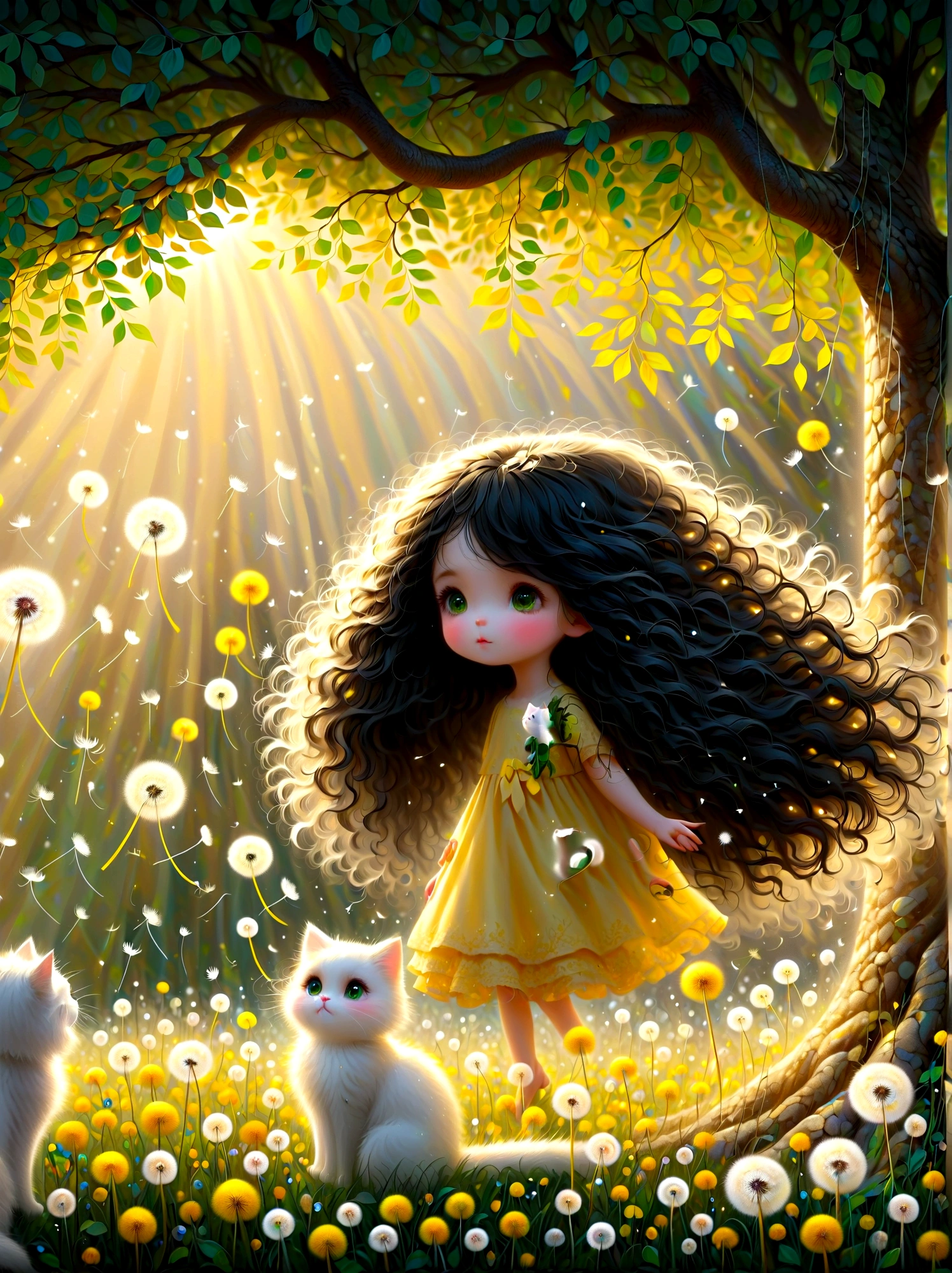 1girl,  cute，Long black curls，A white cat，Soft Light，Dandelions flying down from the tree，The ground is covered with yellow-green leaves，Glowing silver light，Innocence，storybook-like，A gentle depiction of nature，Wear，so beautiful, in the style of Amanda clark, Evgeni gordiets