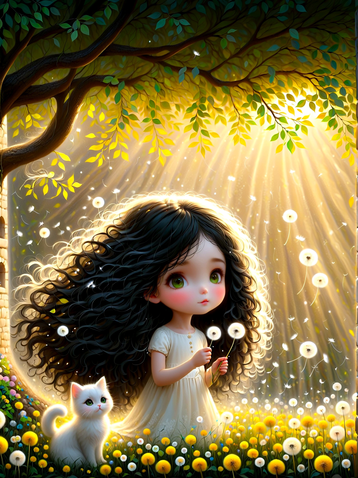 1girl,  cute，Long black curls，A white cat，Soft Light，Dandelions flying down from the tree，The ground is covered with yellow-green leaves，Glowing silver light，Innocence，storybook-like，A gentle depiction of nature，Wear，so beautiful, in the style of Amanda clark, Evgeni gordiets