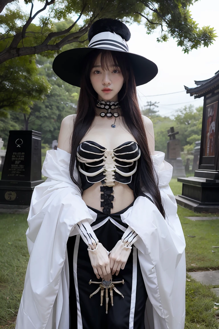 arafed woman in a skeleton costume with a hat on her head, hone onna skeleton geisha, skeleton girl, xue han, goddess of death, goddess of death in a graveyard, inspired by Xie Huan, eerie art style, saint skeleton queen, lulu chen, halloween art style, jingna zhang, wenfei ye, 2 d cg