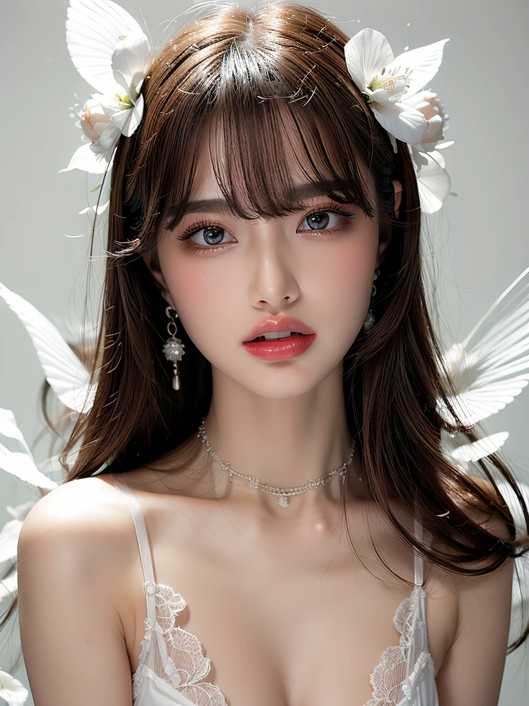 White Background、Professional Lighting、(((Professional Lighting 1.5)))、Translucent skin texture、Beautiful Skin、Beautiful Skin、、(((Whitening 1.5)))、White Bra、See-through、、Ecstasy of Musical Notes、((White Bra1.5))、See-through1.5、((Mid-shot photo))、Simple earrings and necklace、(((Fluttering Hair、Place your right hand on your mouth 1.5)))