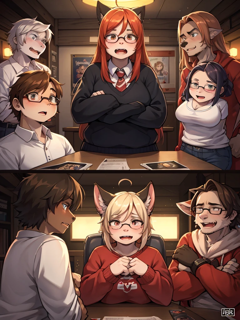 A ugly woman who belongs to a geek club at university and receives special treatment from the men there , (Surrounded by a lot of geek man)