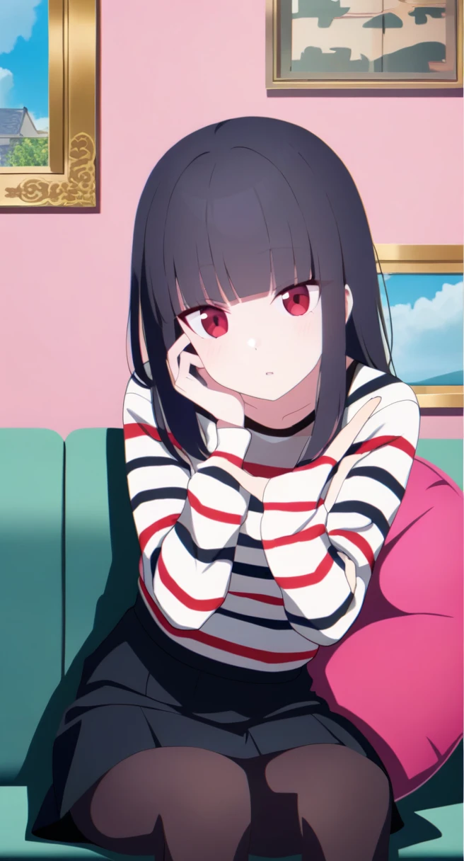 young woman, , black hair, square, straight bangs, A white strand of hair, Red eyes, striped sweater, black skirt, Tights, on the couch