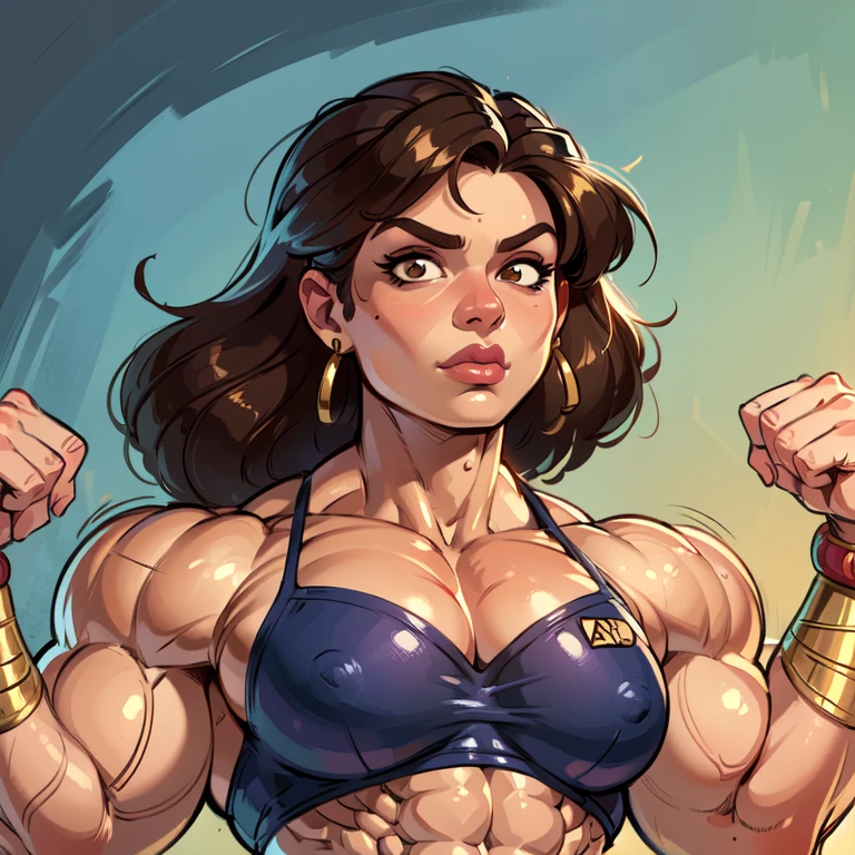 (masterpiece:1.2), (best quality), (ultra detailed), (8k, 4k, intricate),(full-body-shot:1), (highly detailed:1.2),(detailed face:1.2), (detailed background), muscle woman with brunette hair wearing top and gold bracelets, muscle woman, big muscles, huge muscles, massive muscles, mature woman
