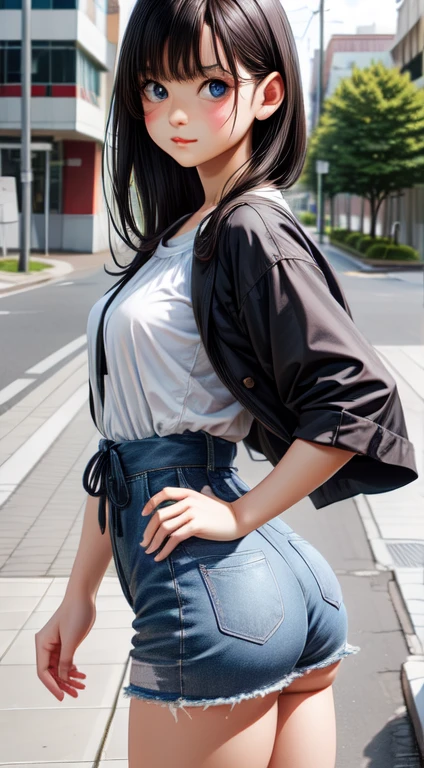 High resolution, Highest quality, super high quality, Very detailed, 8K、Embarrassing、Embarrassing、(masterpiece:1.2, Highest quality), (Realistic, photoRealistic:1.4), Beautiful illustrations, (Natural Side Lighting, Cinema Lighting), View your viewers, whole body, 1 Girl, Japanese, high school girl, Perfect Face, Cute and symmetrical face, Shiny skin, Baby Face, (,Black Hair)black eye, Big eyes, Droopy eyes, (Center of chest, Captivating thighs, Big Ass)