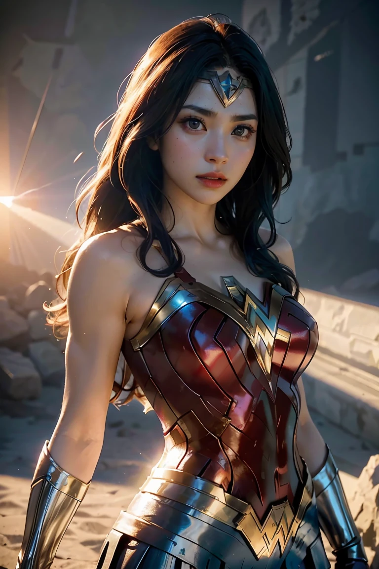 Scene from Movie, Wonder Woman from DC Close-Up, Distorted Space, Distorted Undead in the Background, Lens Flares, Light Shafts, Intricate Details, High Detailed, Volumetric Lighting, 4k Rendering, Stock Photo, Hyper-Realistic, Realistic Textures, Dramatic Lighting, Unreal Engine