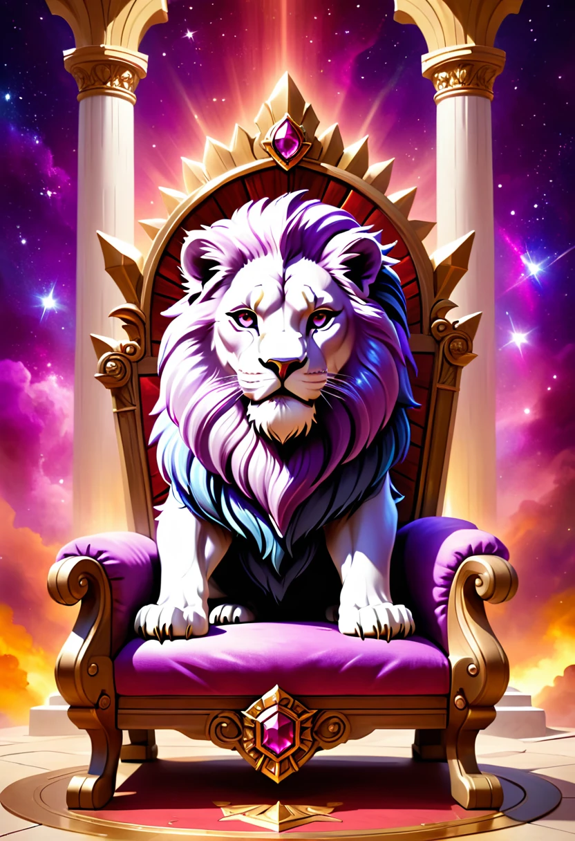 a picture of a massive epic throne, it has purple silk cushions, rubies, topaz, aquamarine gemstones artwork, the throne is epic in its majestic, power, and royalty, symmetric with many wood leonine carvings on the handle, a roaring lion head carving on the top of the seat of the throne, there is and gem artwork, behind the throne there are stars and nebulas of space a sense of high royalty, nobility and magic , (masterpiece: 1.4) intense details, highly detailed, photorealistic, best quality, highres,16k, [ultra detailed], masterpiece, best quality, (extremely detailed), close up, ultra wide shot, photorealistic, RAW, fantasy art, dnd art, fantasy art, realistic art,((best quality)), ((masterpiece)), (detailed: 1.5), ladyshadow, RagingNebula