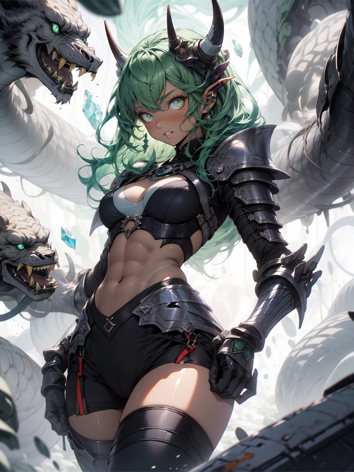 Be realistic,(masterpiece,Highest quality,Highest quality,Very detailed,Fractal Art,Most detailed,(The background is abstract:1.5)(1 Girl),Kamimei,(Hair length),(Green eyes glow、Big Breasts、Toned Abs,Stunned),Abyss Stick、crystallization,bikini、High leotard、Sexy、Machine Armor、Sunburned skin、Demon Horn、Berserk、mini skirt