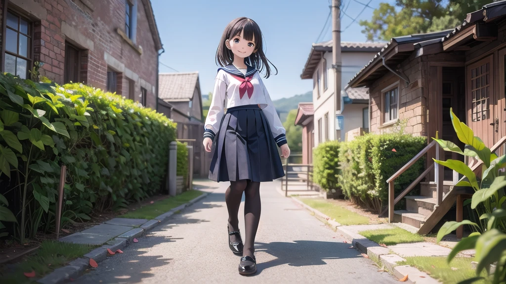 (masterpiece),  town,  blue sky,  One Girl,  smile,  alone,  Sailor suit、Long skirt,  Overgrown,  petal,  plant、Skirt lining、Translucent slip、nostalgic、Black Pantyhose