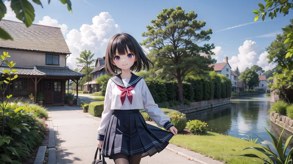 (masterpiece), town, blue sky, One Girl, smile, alone, Sailor suit、Long skirt, Overgrown, petal, plant、Skirt lining、Translucent slip、nostalgic、Black Pantyhose