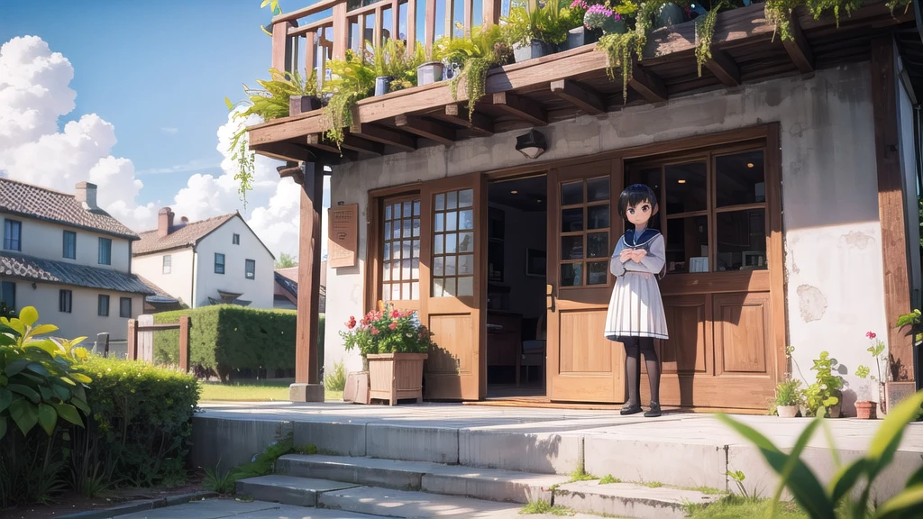 (masterpiece), town, blue sky, One Girl, smile, alone, Sailor suit、Long skirt, Overgrown, petal, plant、Skirt lining、Translucent slip、nostalgic、Black Pantyhose