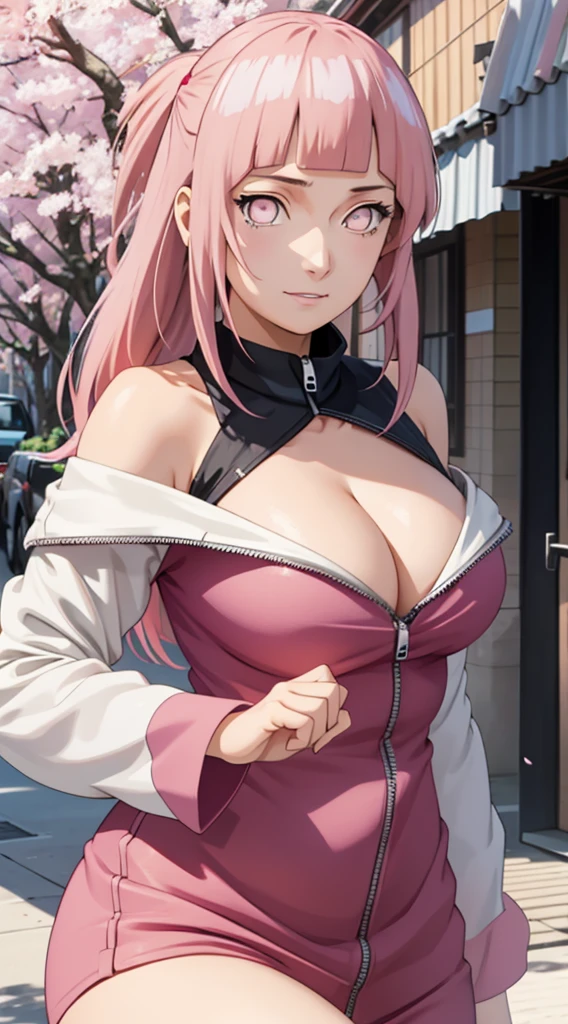 tmasterpiece, Best quality at best, 1girll, Sakura Haruno, Large breasts,Off-the-shoulder attire,(cleavage),(upperbody closeup),Raised sexy,is shy,ssmile,with pink hair, long whitr hair, (Green eyeballs:1.4), Forehead protection, the cherry trees,Cherry blossoms flying,Red clothes,Zipper half