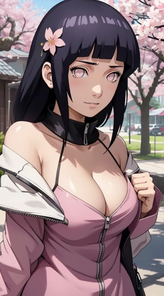 tmasterpiece, Best quality at best, 1girll, Sakura Haruno, Large breasts,Off-the-shoulder attire,(cleavage),(upperbody closeup),Raised sexy,is shy,ssmile,with pink hair, long whitr hair, (Green eyeballs:1.4), Forehead protection, the cherry trees,Cherry blossoms flying,Red clothes,Zipper half