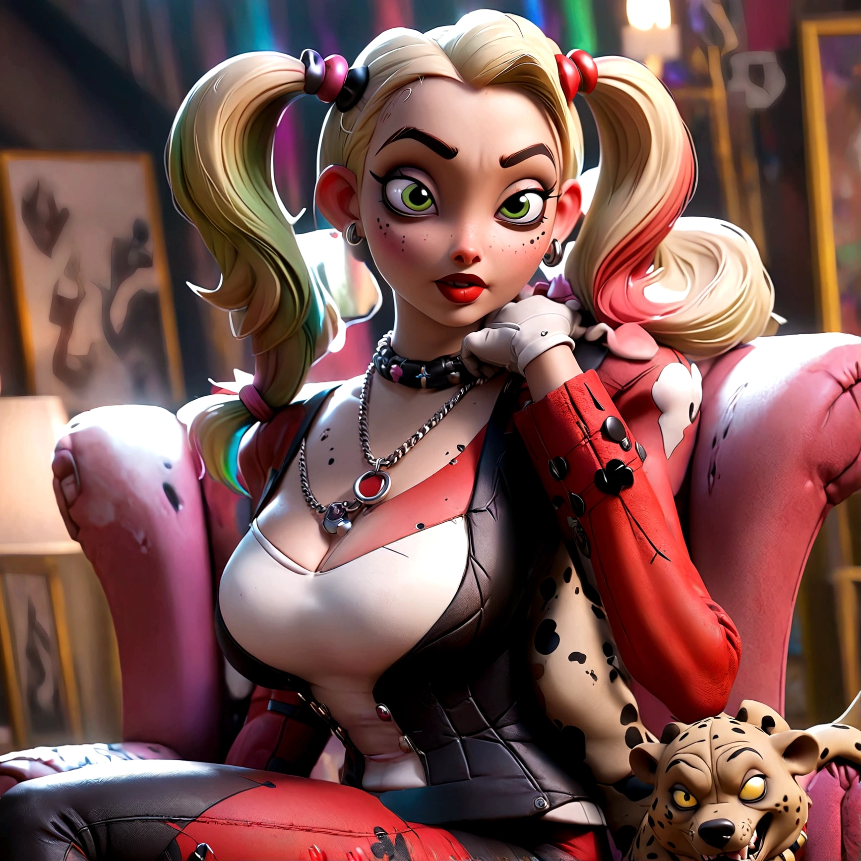 Harley Quinn (crazy make up, sexy small outfit, guns, pet hyenas), is posing crazy and sexy near her Joker themed throne in a 'Fun House of Death'
