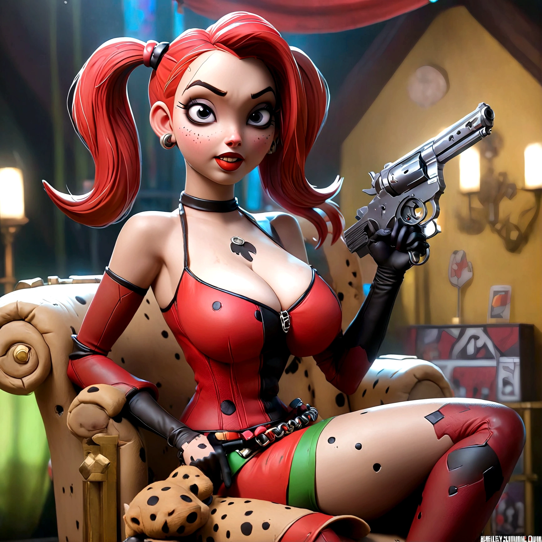 Harley Quinn (crazy make up, sexy small outfit, guns, pet hyenas), is posing crazy and sexy near her Joker themed throne in a 'Fun House of Death'