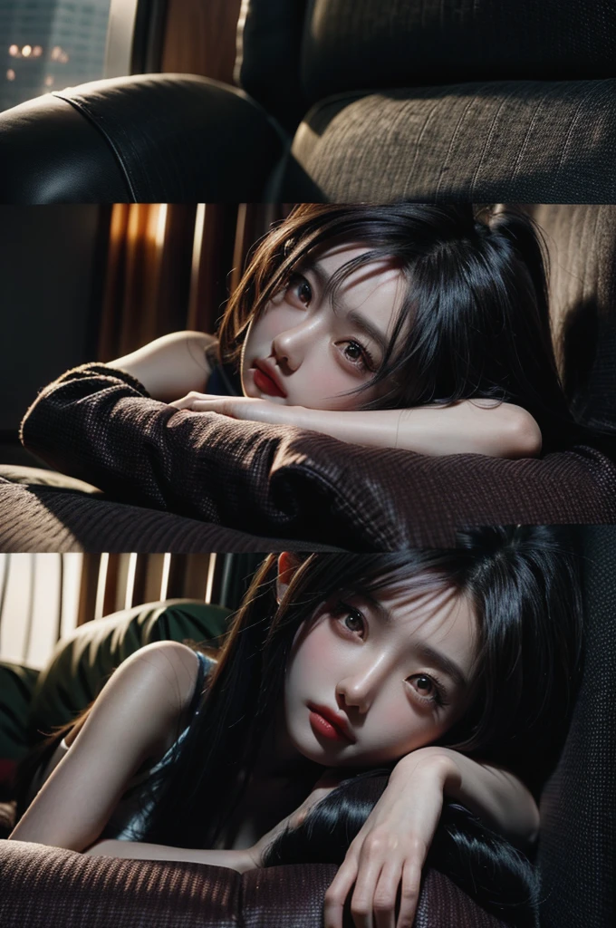 A girl, Lying on the sofa, Looks really interesting, Chinese animation style, Looks depressing, high quality, Extremely detailed, Crazy details, 4K