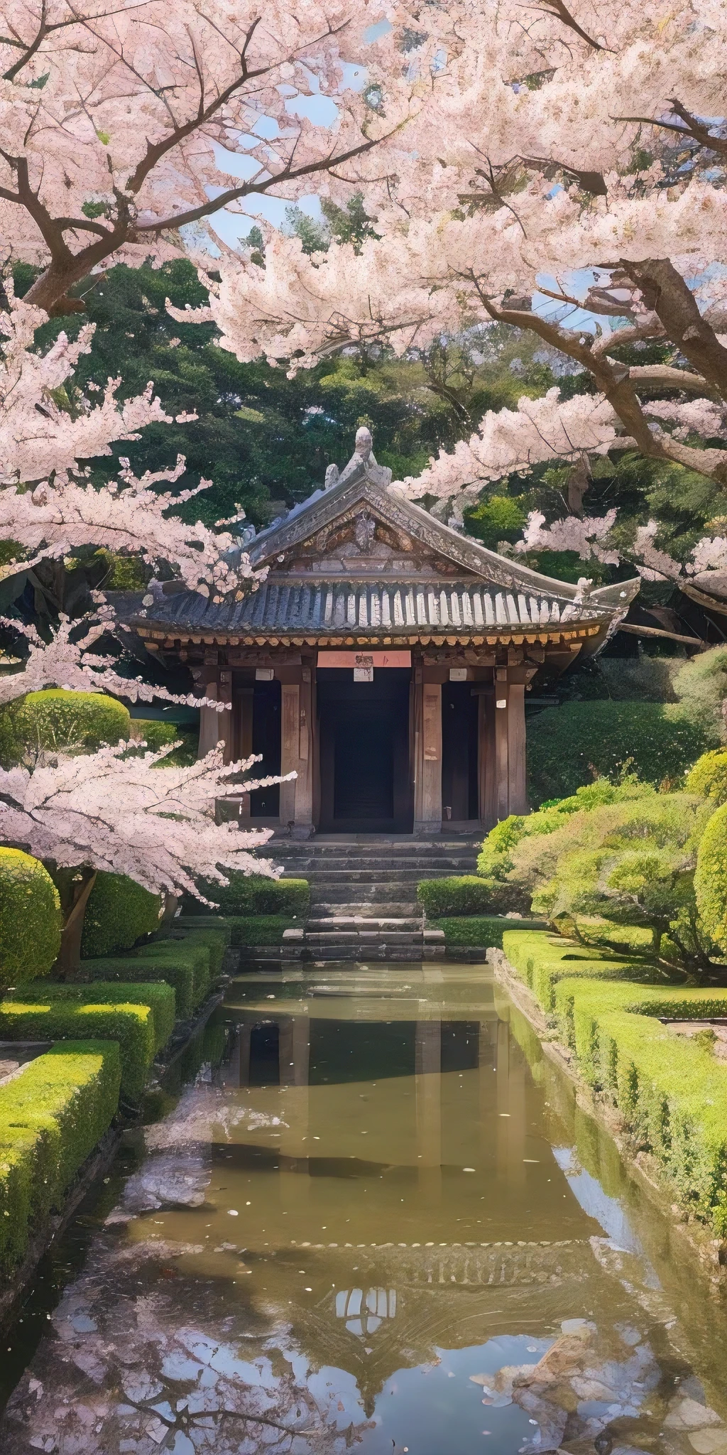 absurd, highres, ultra detailed, beautiful, masterpiece, best quality,Ancient temples, lush gardens, bright colors, quiet ponds, traditional architecture, cherry blossoms