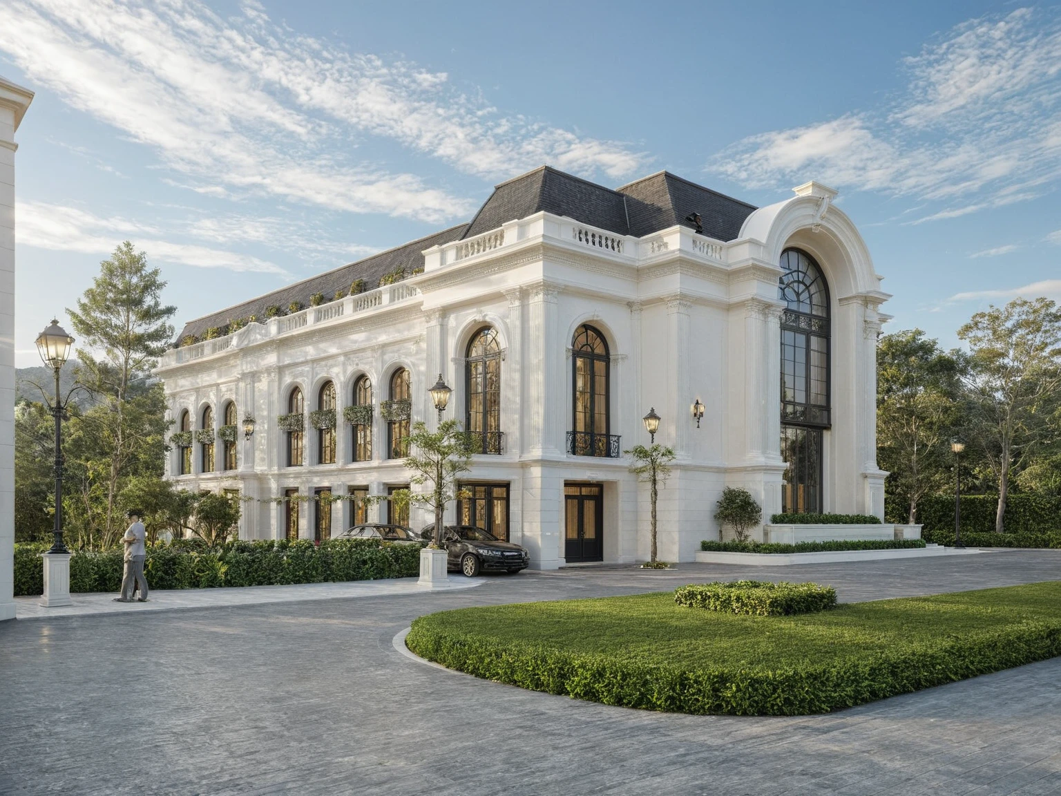 Architectural style Architectural style, clean white sky, natural lighting, ((Classic Style House)),(masterpiece) , ((best quality)), dramatic lighting, high quality outdoors, sky, day, cloud, tree, blue sky, building, scenery, road, real world location,  sunlight, enough detail, high resolution,super realistic, Photorealistic, highly detailed, balcony, plants, door, car, truck, parking slot, paving, . Clean lines, architectural drawing, highly detailed, Clean lines, geometric shapes, minimalist, modern, architectural drawing, highly detailed