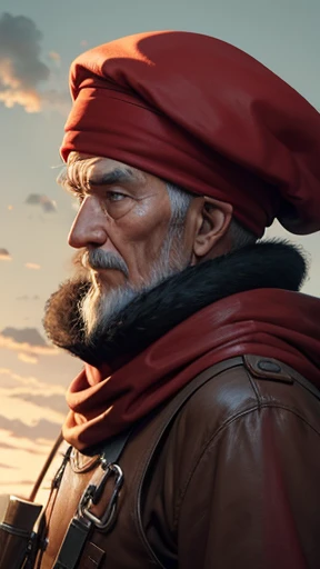 (He wore a red beret loosely wrapped around his head like a turban.)、(His beret fits perfectly over his helmet.)、(His beret puffs up like a normal hood and hangs down behind his head.)、The old man is wearing a Japanese kimono and a red vest.、