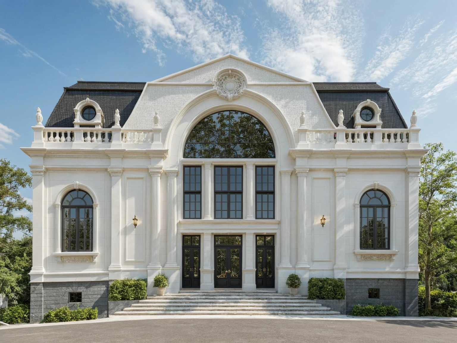 Architectural style Architectural style, clean white sky, natural lighting, ((Classic Style House)),(masterpiece) , ((best quality)), dramatic lighting, high quality outdoors, sky, day, cloud, tree, blue sky, building, scenery, road, real world location, sunlight, enough detail, high resolution,super realistic, Photorealistic, highly detailed, balcony, plants, door, car, truck, parking slot, paving, . Clean lines, architectural drawing, highly detailed, Clean lines, geometric shapes, minimalist, modern, architectural drawing, highly detailed